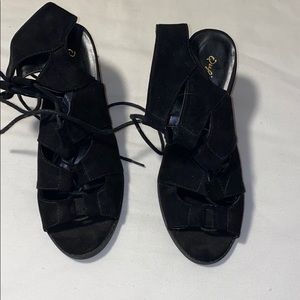 Lace up chunk black heels